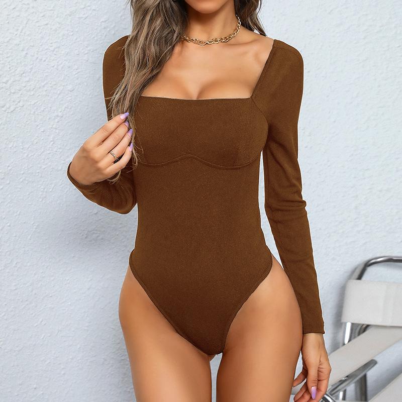 

YYFS Women s Fashion Casual Solid Color Print Spring Autumn Long Sleeve Square Collar Bodysuits XL верблюд