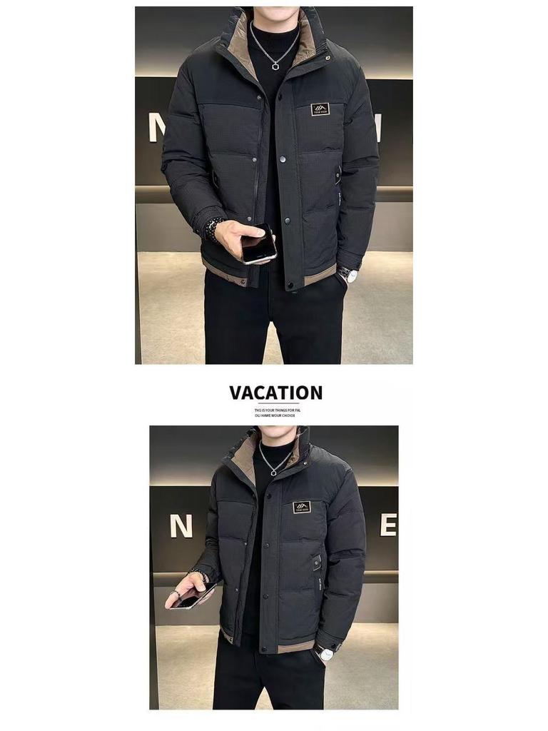 Echte Herren-Winter-Daunenjacke mit Stehkragen, schmaler Passform – Dicke, kurze Oberbekleidung