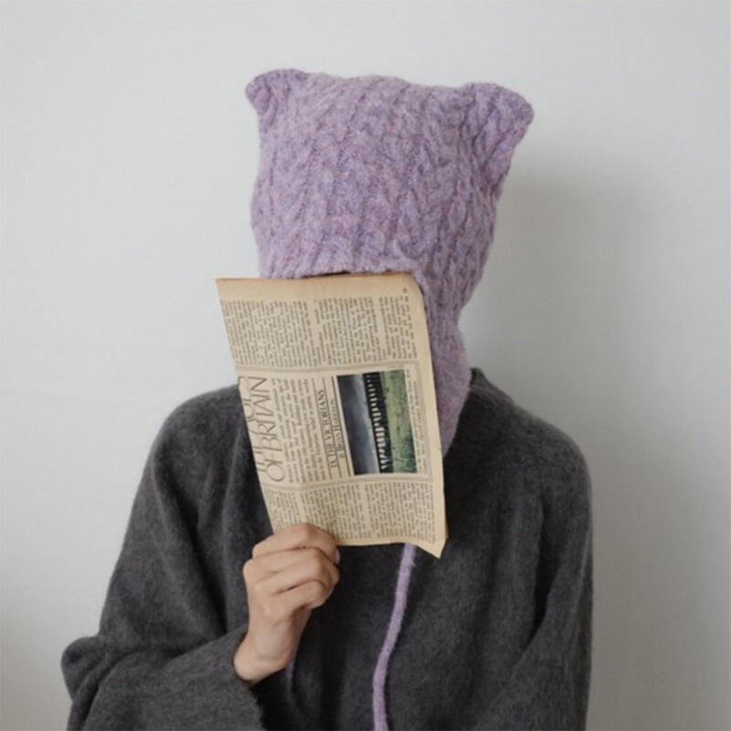 Women s Wool Mixed Beanie Cute Cat Ears Camel