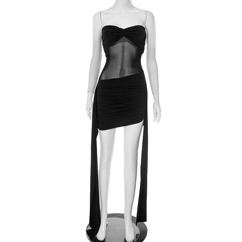 

Европейское и американское женское короткое сетчатое платье без бретелек и с открытой спиной с драпировкой Large