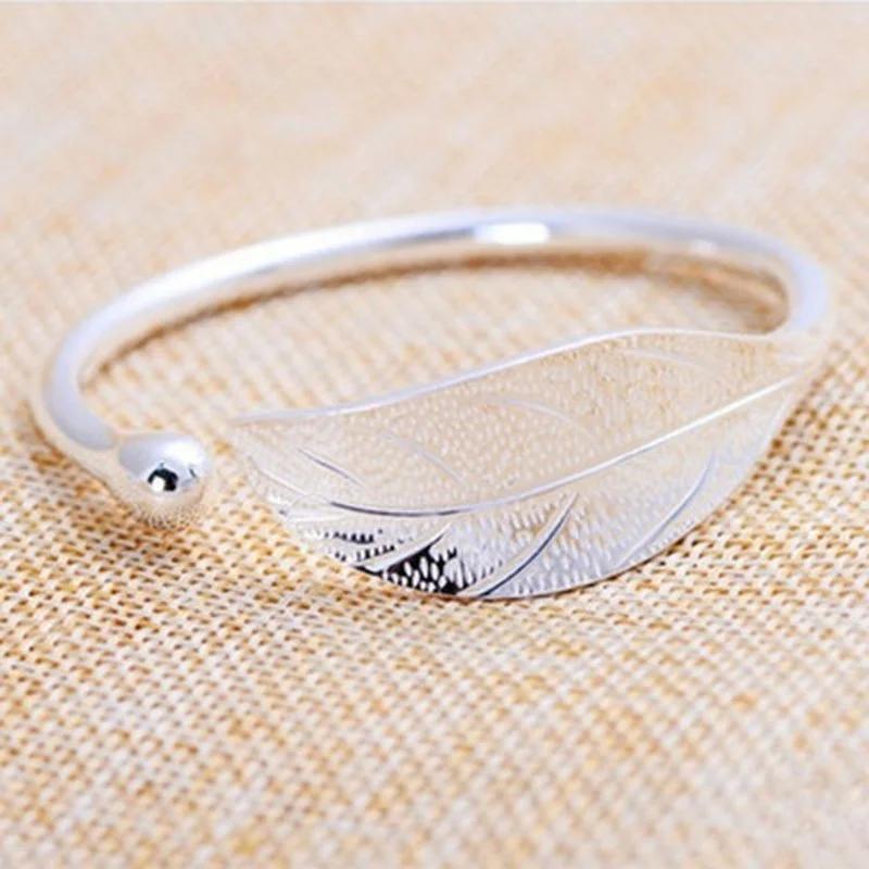 Charm Silver Color Plated Feather Leaf Dreamcatcher Bracelet Bangle Women Cuff Adjustable Copper Jewelry Gifts