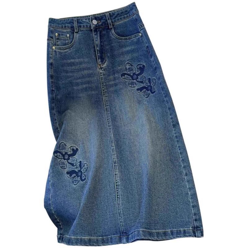 Damen Retro Denim Midirock mit Stickerei - Frühling & Herbst 2025 Kollektion, A-Linie, Hüftbetontes Design.