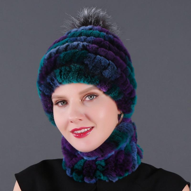 New hat scarf winter thickened thermal hat Rex rabbit fur grass Rex rabbit fur scarf two-piece set