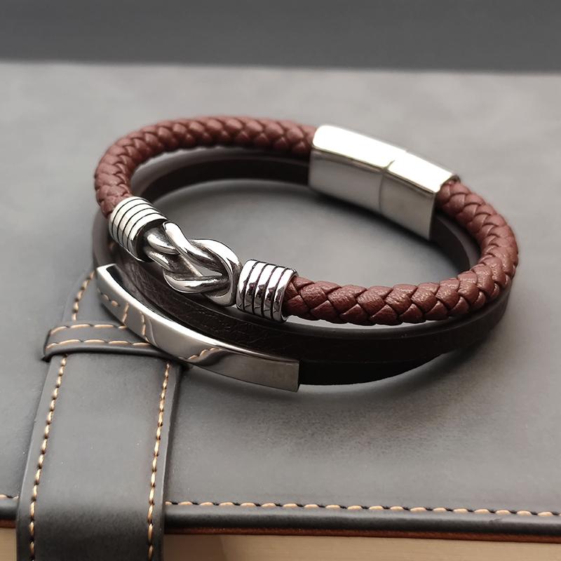 Classic Men's Brown Multi-layer Leather Bracelet Winding Design Punk Stainless Steel Magnet Clasp Bangle Male Jewelry Gifts
