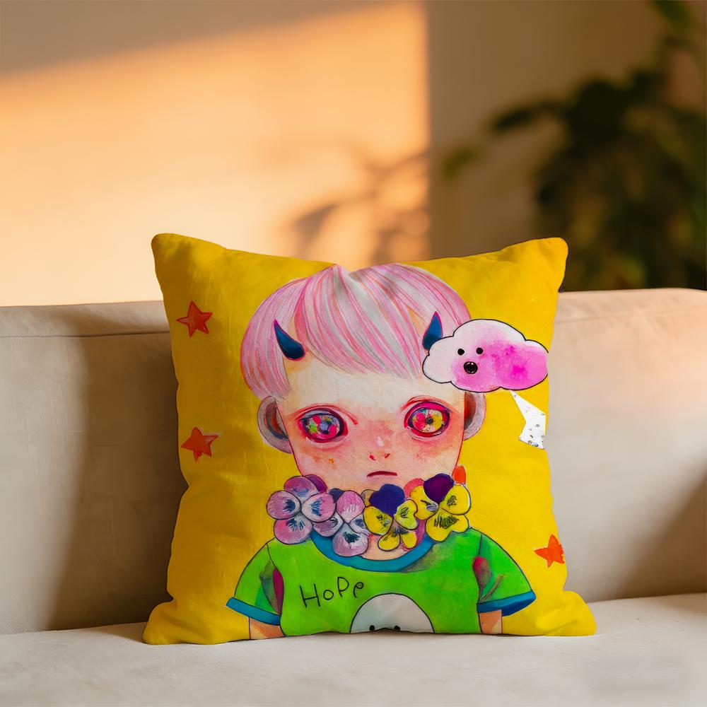 Hikari Shimodacute Boy HHikari Shimoda IllustrationS Cushion Cover Cozy Velvet Throw PillowSoft Warm Cushion For Sofa  Bed