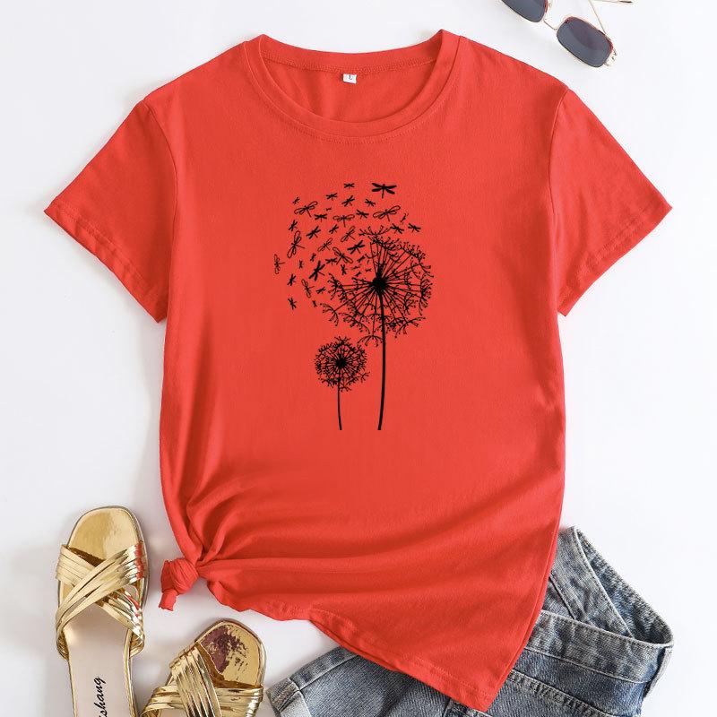 Summer Round Neck Dandelion Dragonfly Pattern Printed Top Fashionable Casual Short Sleeved Women's Pure Cotton T-shirts