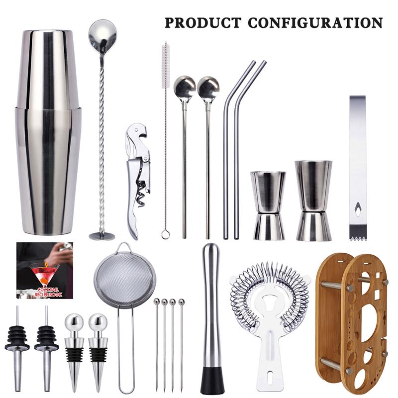 Set Shaker Cocktail da 23 Pezzi Regalo Perfetto, Kit Bartender Con Supporto Ovale in Bambù Staccabile, Strumenti per Bar Casalingo Acciaio Inossidabile