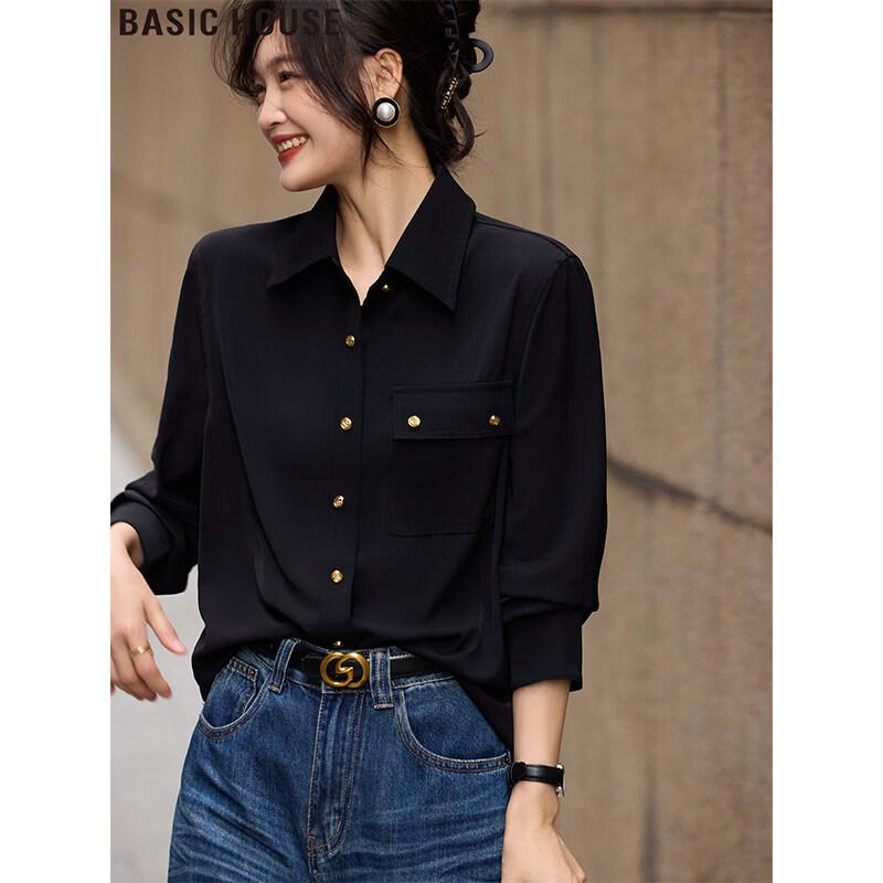 

Basic House Women s Black Polo Collar Long Sleeve Shirt L