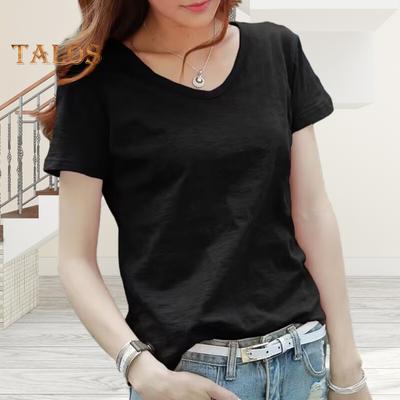 Dame T-skjorte V-hals Kort Erme Løstsittende T-skjorte Ensfarvet Myk Elastisk Sommer Topp Daglig Bruk