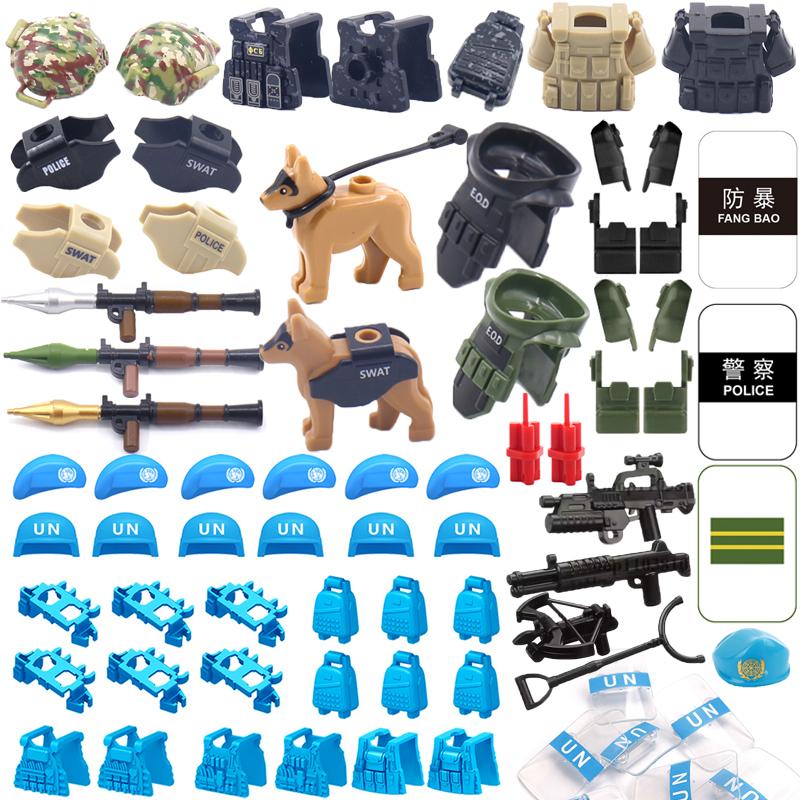 SWAT Spezialeinheit Bausteine Abrissanzug UNPKF Barett Weste Schild Waffen Kiste Pistole Raketenwerfer Polizeihund Bausteine Spielzeug