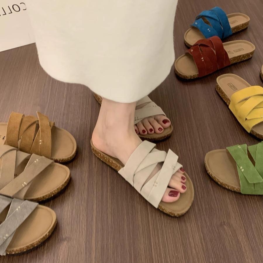 BEI LI XUAN Retro Mori Cross-strap One-word Slippers for Women's Summer Outer Wear Thick-bottomed Casual Beach Women