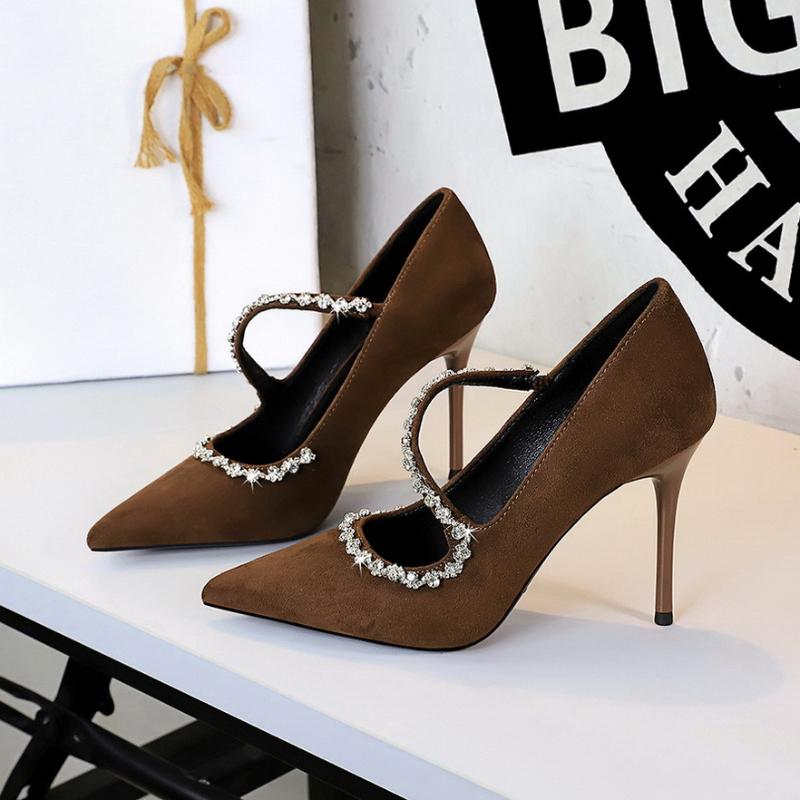 European American Banquet Pointed Toe High Heels Diamond Chain One-Strip Thin Heel Super High Heels Light Mouth Elegant Lace-Up