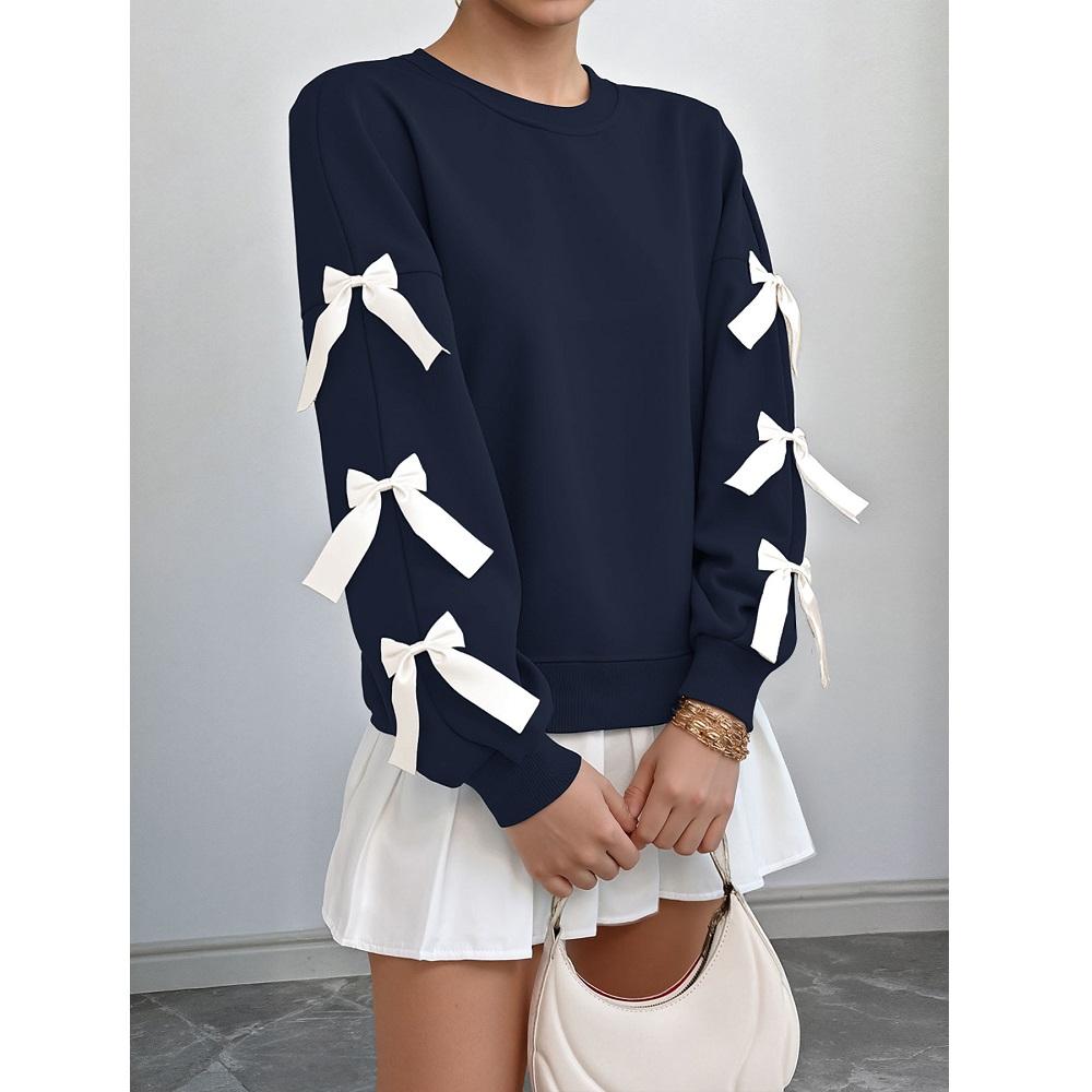 

Женские осенне-зимние милые топы с круглым вырезом и длинными рукавами, украшенные бантом, красные рождественские свитшоты XL темно-синий