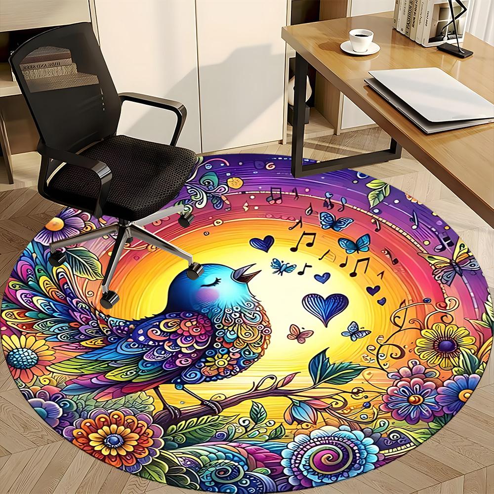 1pc Colorful Bird Illustration Chair Carpet for Office, Round Polyester Mat, Indoor Decor for Office, Easycare Fabric, Washable Non-slip Area Carpet