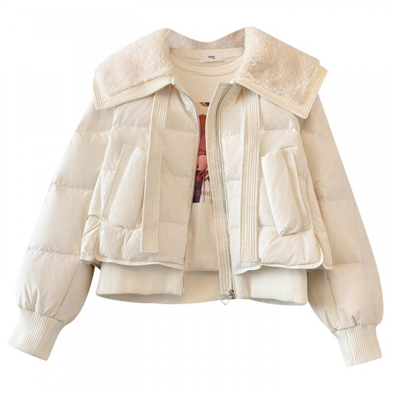 Womens Short White Faux Lamb Fur Collar Down Jacket Winter Warm Puffer Coat Loose Fit Casual Chic