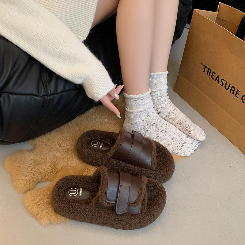 Fashion casual round head soft-soled shoes autumn new wear lamb wool slippers women thick-soled slippers women