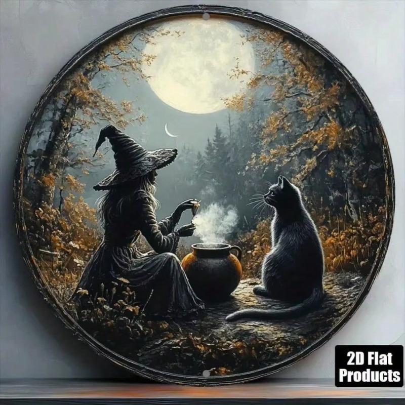 Vintage Halloween Metal Tin Sign Witch Cat Wall Art Decor For Bar Cafe