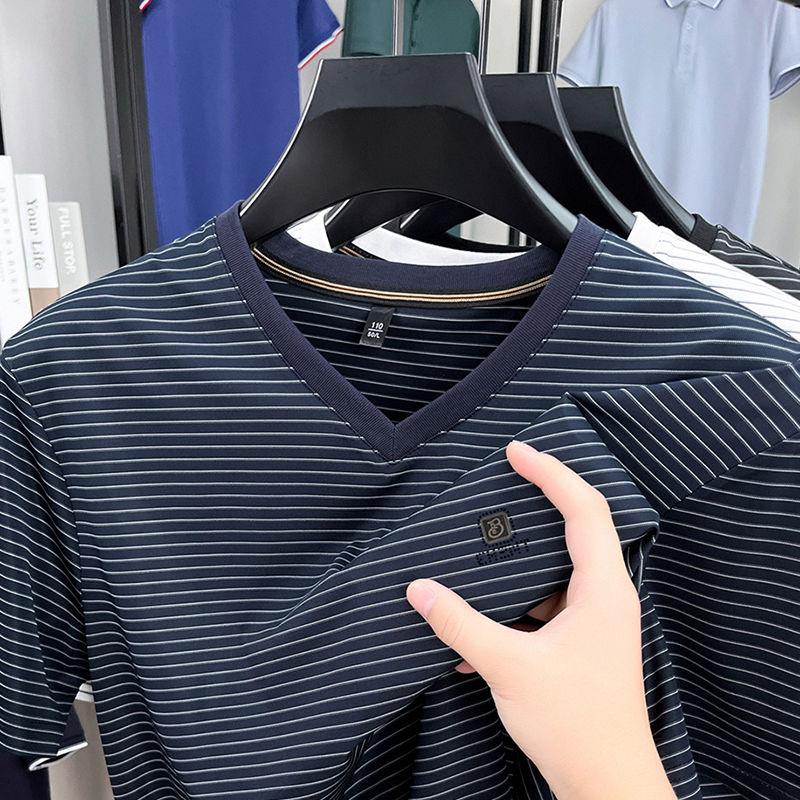 

Мужская летняя легкая дышащая футболка с коротким рукавом из ледяного шелка, повседневный модный полосатый дизайн L синий