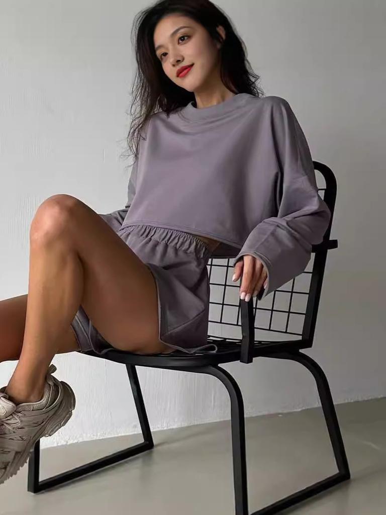 Women's Casual Loose Sports Set Long Sleeve Sweatshirt Top Shorts Two Piece Pajama Home Clothes