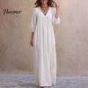 Breathable Women Dresses Bohemian Ruffle V-Neck Long Dress, 3/4 Sleeves Maxi Dress for V Neckline Women, Solid Color Casual Loose Spring Fall
