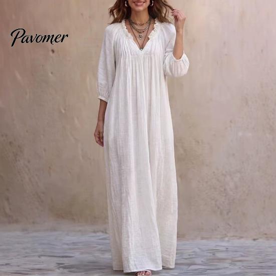 Breathable Women Dresses Bohemian Ruffle V-Neck Long Dress, 3/4 Sleeves Maxi Dress for V Neckline Women, Solid Color Casual Loose Spring Fall