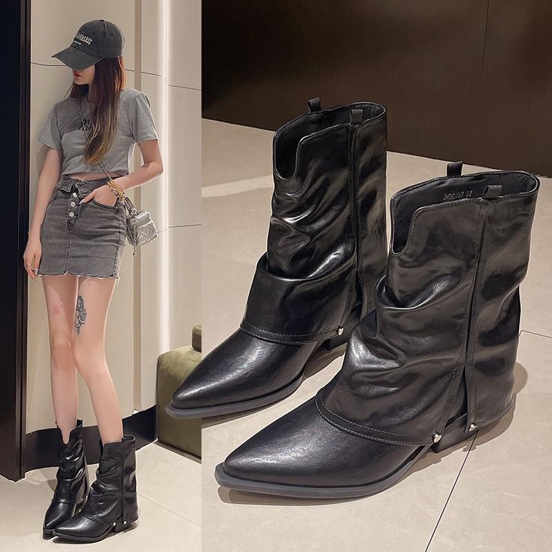 Pointy Mid-tube Boots Women's Mid-heel New Women's Pleated Pile Boots Skinny Leg Little Booties Women's Boots C951