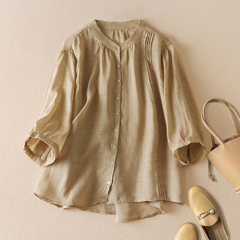 Women's Vintage Pleated Button Down Shirt Cotton Linen Stand Collar Casual Summer Blouse