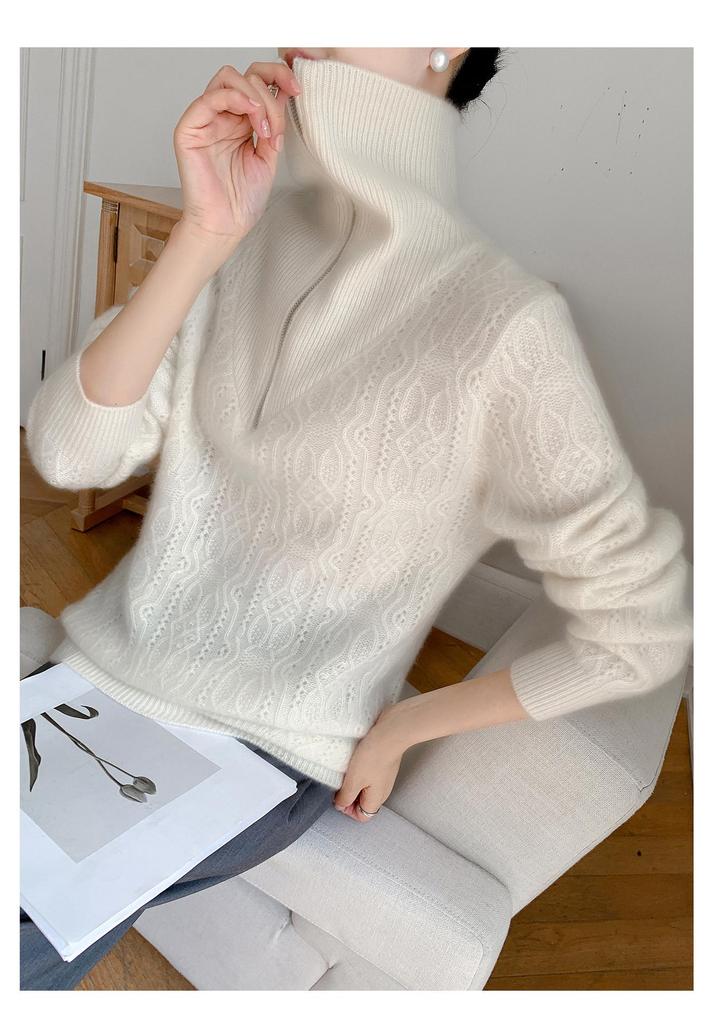 100% Wool Lapel Half-Zip Hollow Out Knitwear, Long Sleeve, Women's Thickened Base Layer for Autumn/Winter 2025