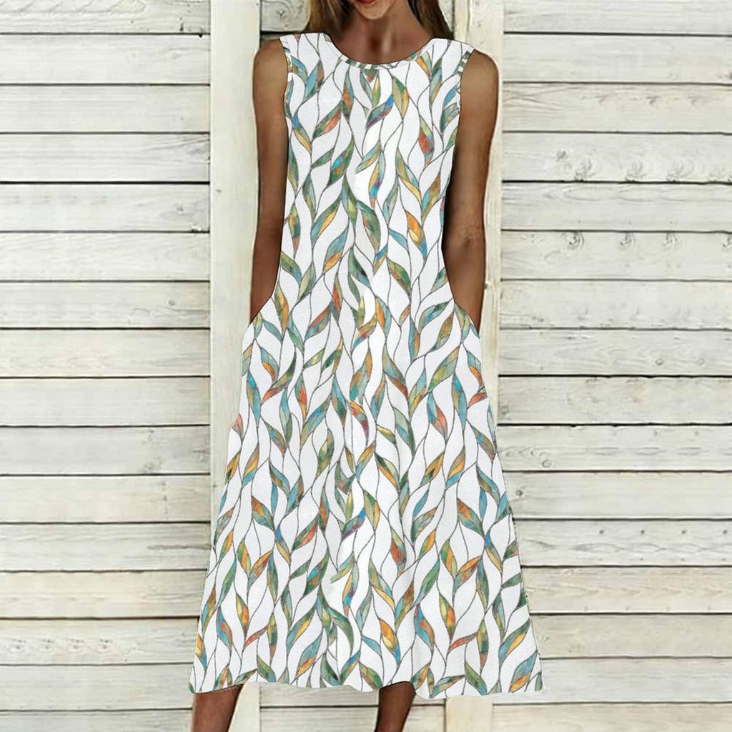 Ladies Oversized Sleeveless Crew Neck Dress Tropical Floral Printed Relaxed Midi Dress