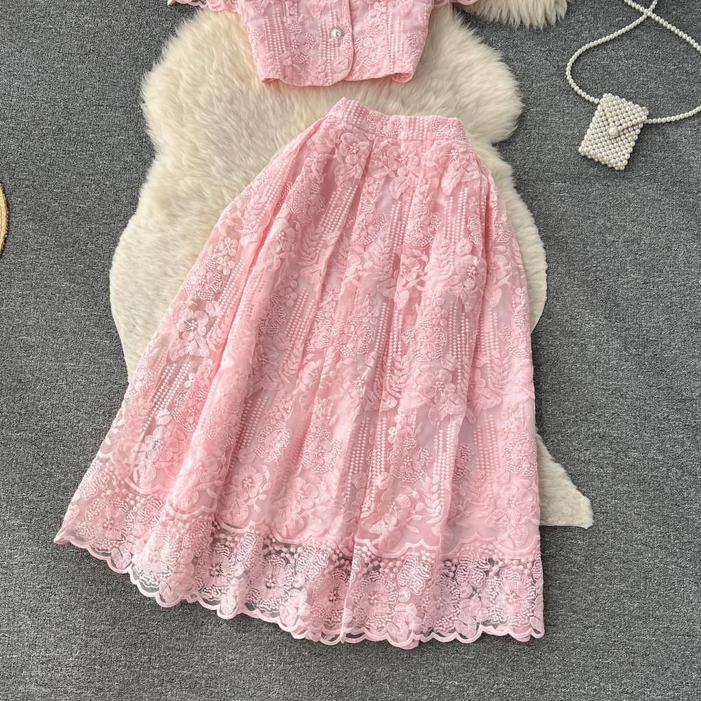 Summer Women Luxury Mesh Embroidery Flower Set Single Breasted Beading Pockets Top Shirt + Zipper Long Skirt Two Pieces Suits