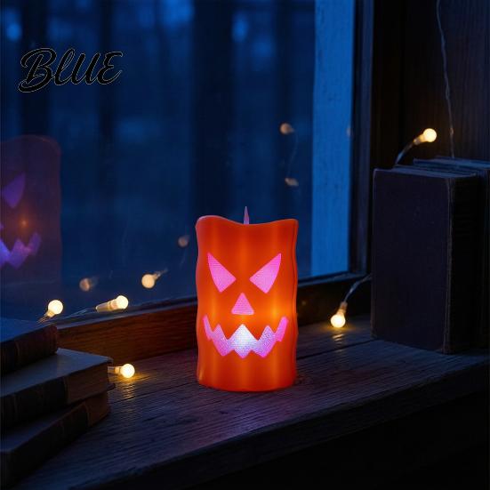 Haunted House Decoration Light Flameless Halloween Candle with LED Light Ghost Face Pumpkin Skull Design Outdoor Safe Battery Operated Indoor