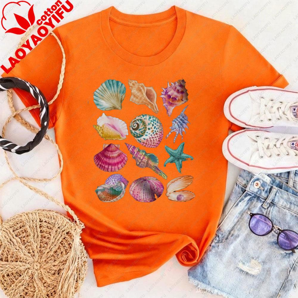 

Seashell Shirt Beach Lover Gift Colored Sea Shell Print Summer Vacation and Leisure Fashion Women Tops Cotton T Shirt 4XL