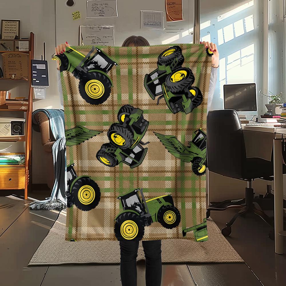 1Pc John Green Tractor Print Flannel Blanket, High Quality Comfortable for All Seasons, Home Decor, Warmth and Comfort, Perfect for Christmas Gifts