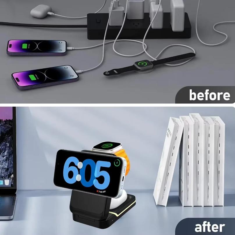 3 in 1 Foldable Travel Magnetic Fast Wireless Charger Stand For Magsafe iPhone 16 15 14 13 12 Pro Apple Watch 2-9 SE Airpods Pro