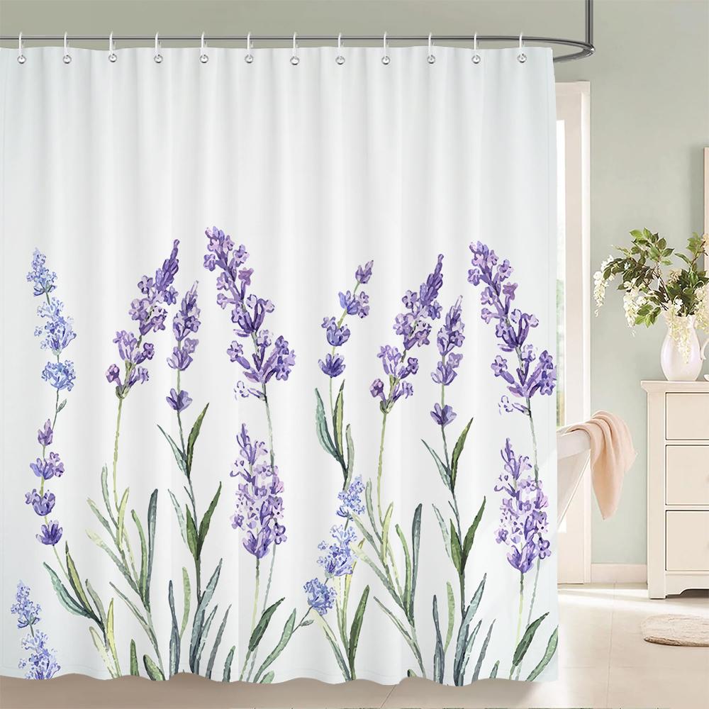 Lavender Shower Curtains Watercolor Purple Floral Plant Waterproof Polyester Bathroom Bathtub Curtain Room Decor With Hooks
