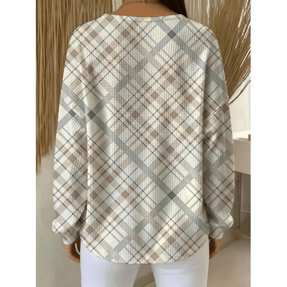 Classic Plaid Print Long-sleeve Top, Featuring a Vintage-patterned Design. No Embroidery or Sequins. Washable. A Minimalist