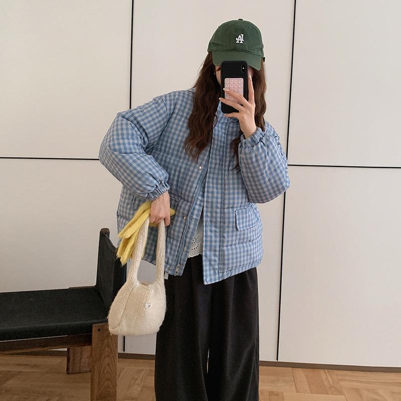 Wind Stand-up Collar Short Cotton Clothes for Women's Autumn and Winter New Casual Blue Plaid Thickened Outer Wear Trend