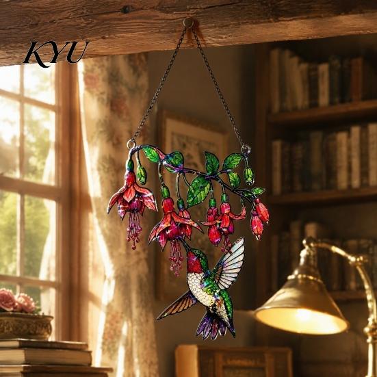 Nature Inspired Home Ornament Hummingbird Window Hanging Pendant, Acrylic Stained Glass Style Suncatcher for Art Decor Garden Balcony Decoration,