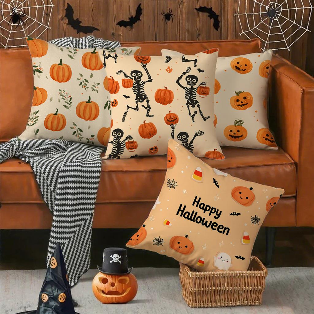 Halloween-Themed Pumpkin & Skeleton Pillowcasessuitable For Sofa Car Bedroom Decorative Cushion Cover Pillow Cover