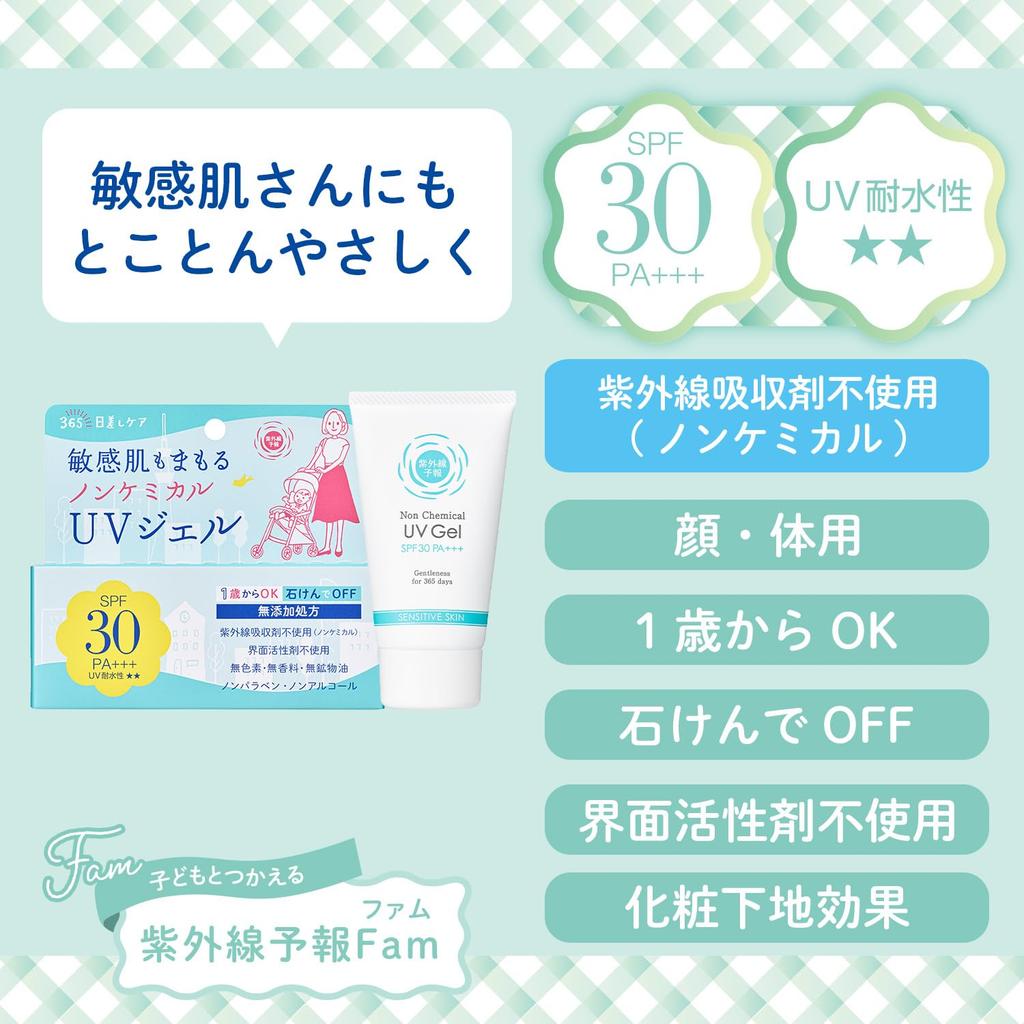 UV Forecast UV Gel FF SPF30 UV and Water Resistant Suitable for ages 1 year and sunscreen for face and 65g Non-Chemical PA+++ up, soap-free body,
