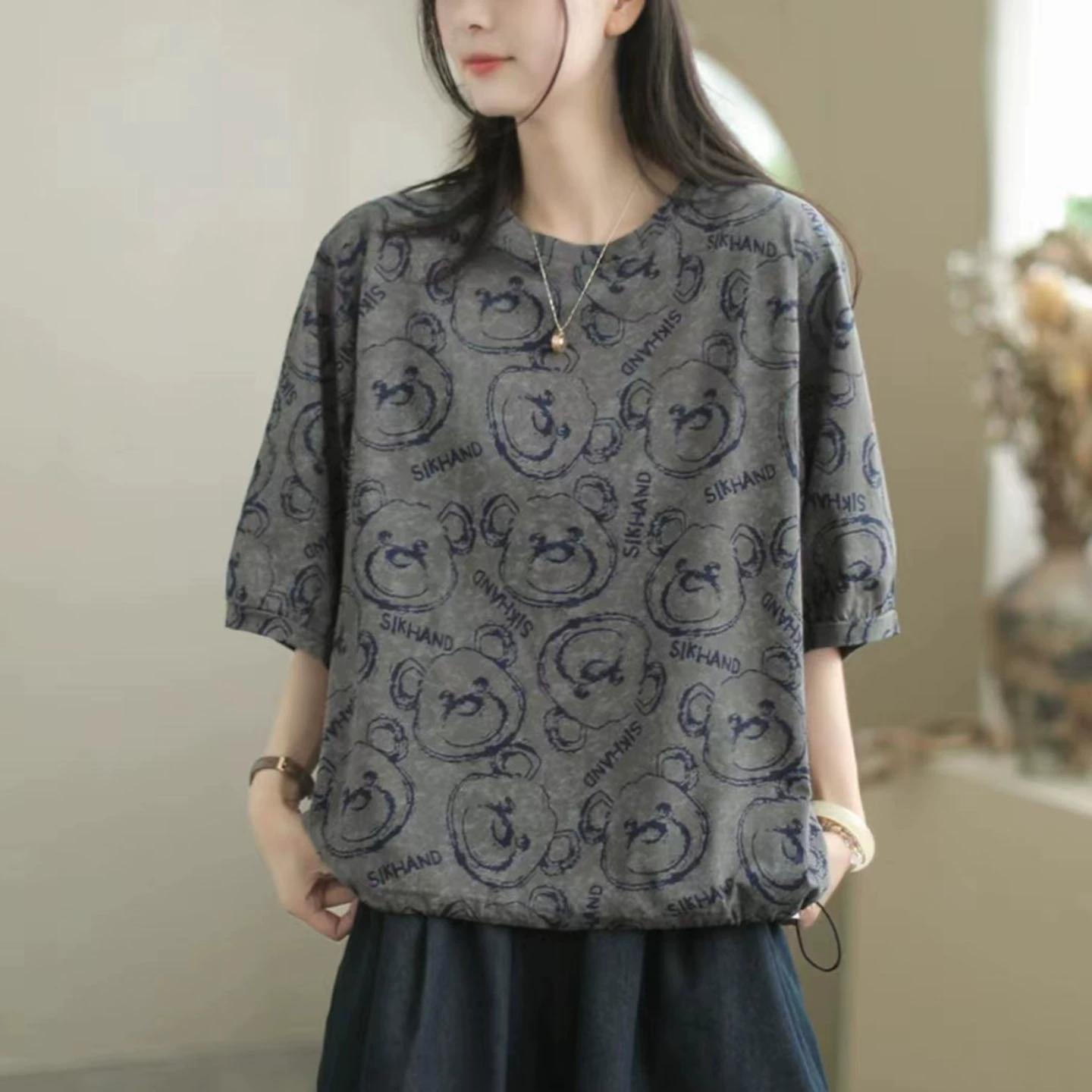 

DIMANAF 2025 Summer Short T-shirt Women Bear Printing Short Sleeve Loose Green Tops Tees One Size сірий