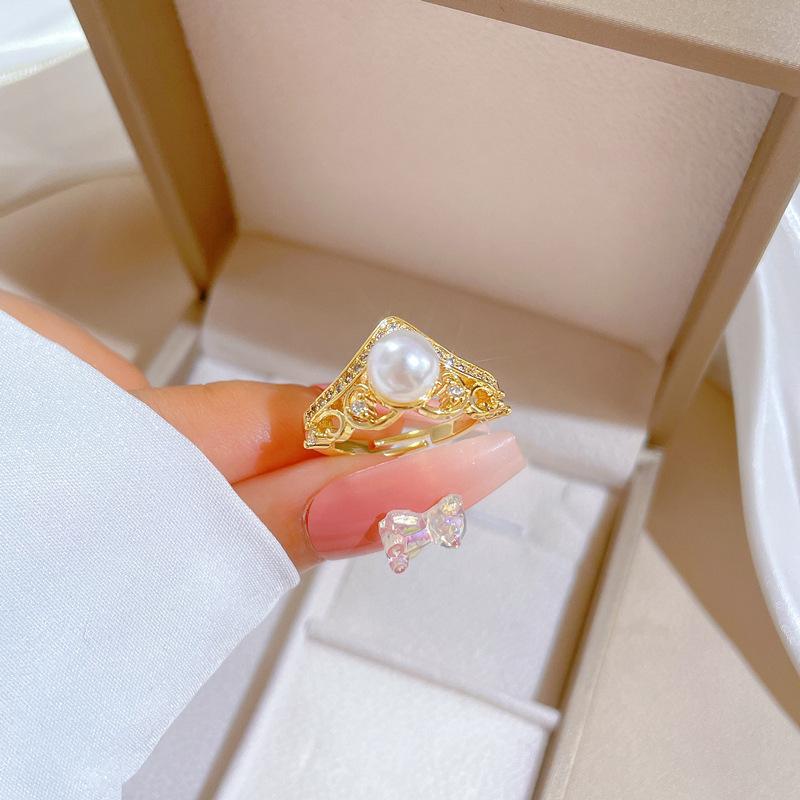 Real Gold Crown Pearl String Empty Ring Opening Adjustable Simple Jewelry Japanese Ring Couple Ring