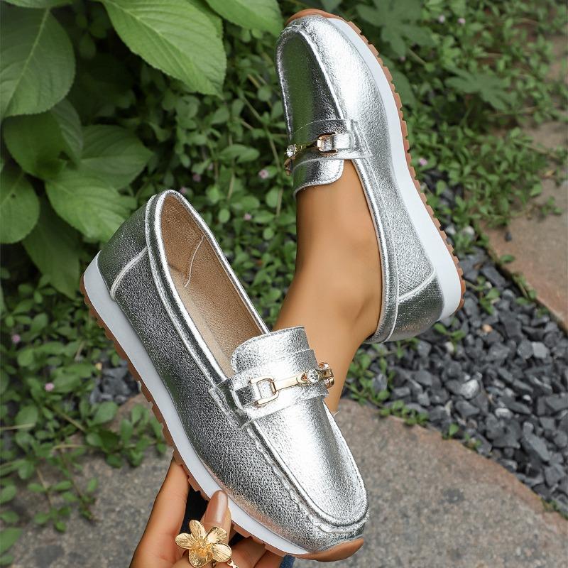 Gold Silver Soft Leather Women Flats Fashion Casual Platform Shoes Woman Slip On Flat Sneakers Ladies Loafers Plus Size 43
