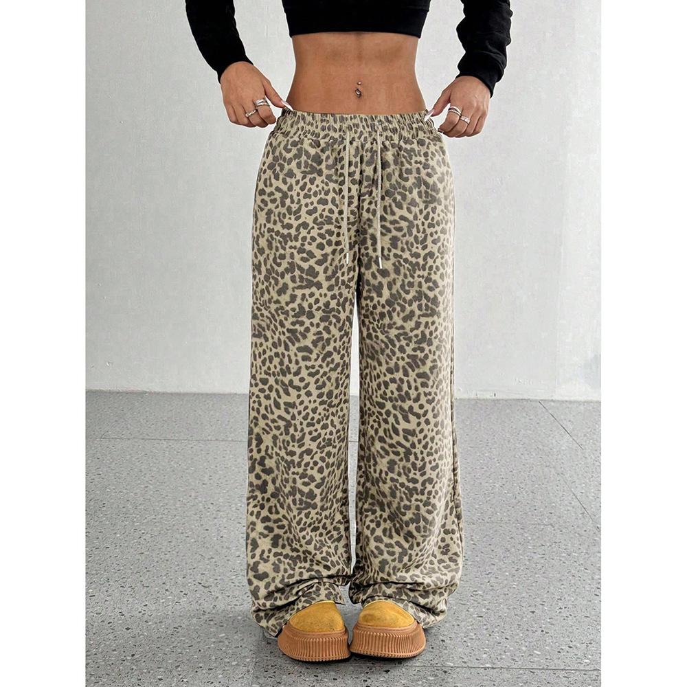 New Spring and Autumn Leopard Print Straight-line Casual Pants for Women with High Waist Loose Wide-leg Trousers