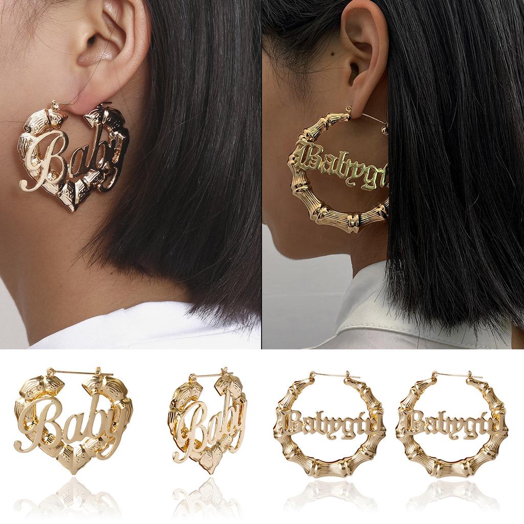 Hip Hop Punk Round Bamboo Earrings Creative Pockmarked Peach Heart Baby Letter Stud Earrings