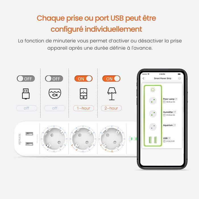Multiprise Connectée - TENDA - SP15 - 3 Prises - 2 Ports USB - Protection Surtensions