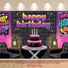 2D Happy Birthday Backdrop Banner, Graffiti Style Pink and Black Party Decor