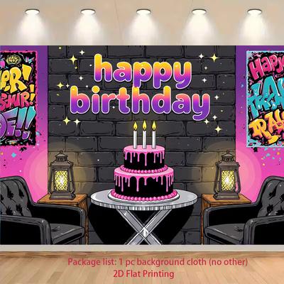 2D Graffiti Happy Birthday Backdrop Black Brick Wall Photography Background