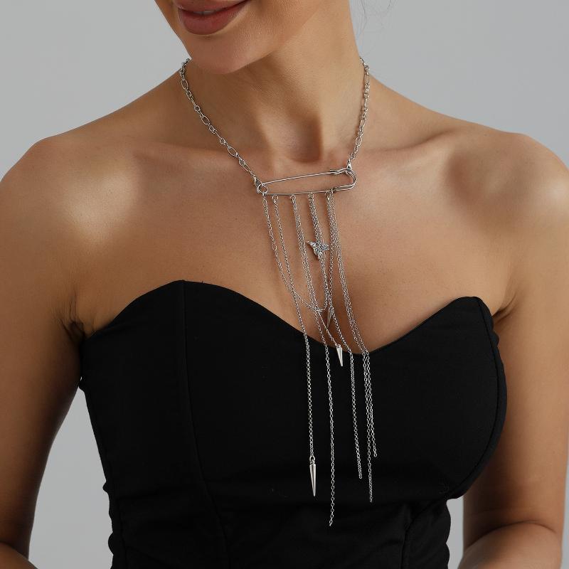 

2-In-1 Gothic Safety Pin Necklace Brooch Punk Tassel Chain Brooch Statement Jewelry Gift 1 piece