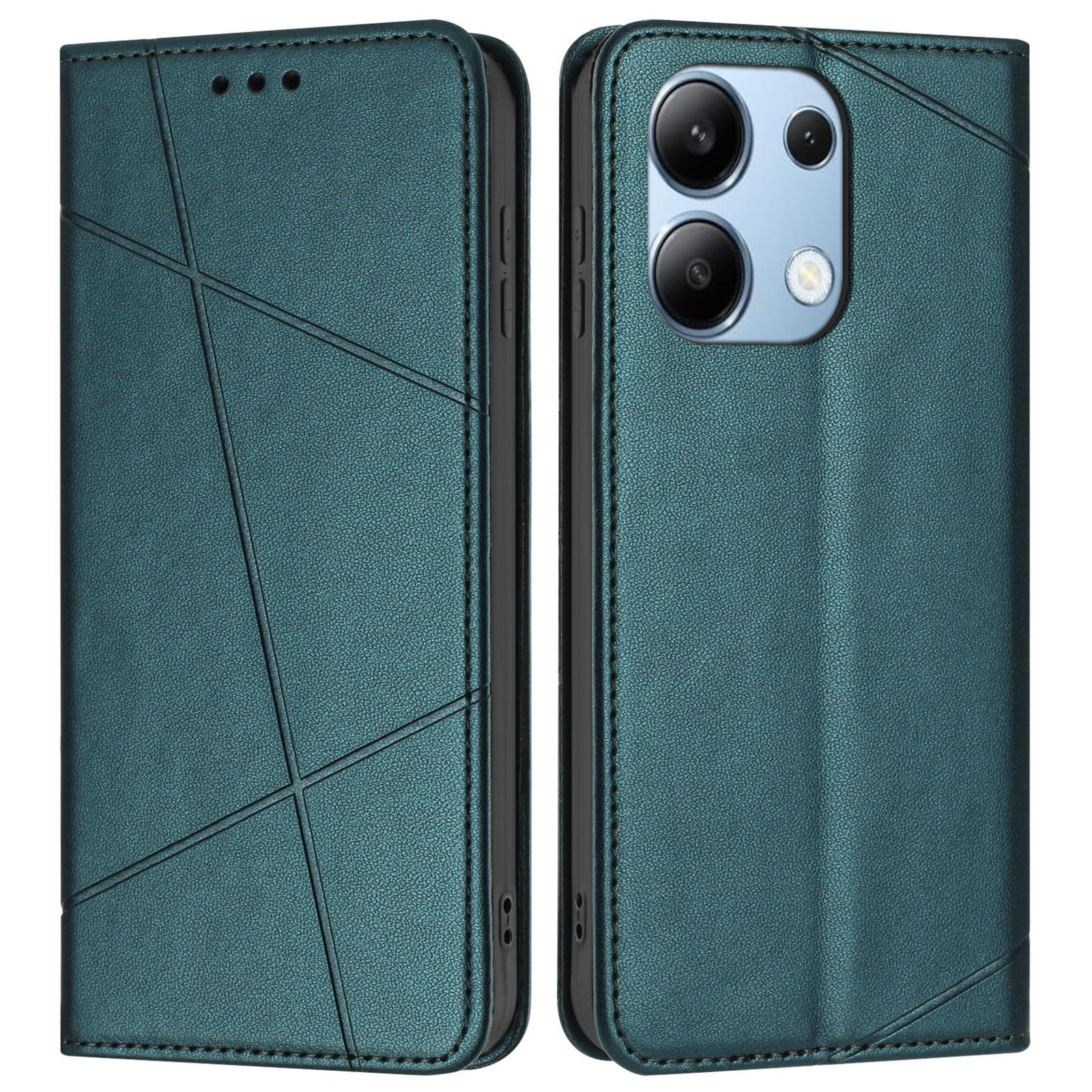 

For Xiaomi Redmi Note 13 4G Wallet Case Line Imprinted Leather Stand Phone Cover with Wrist Strap Green